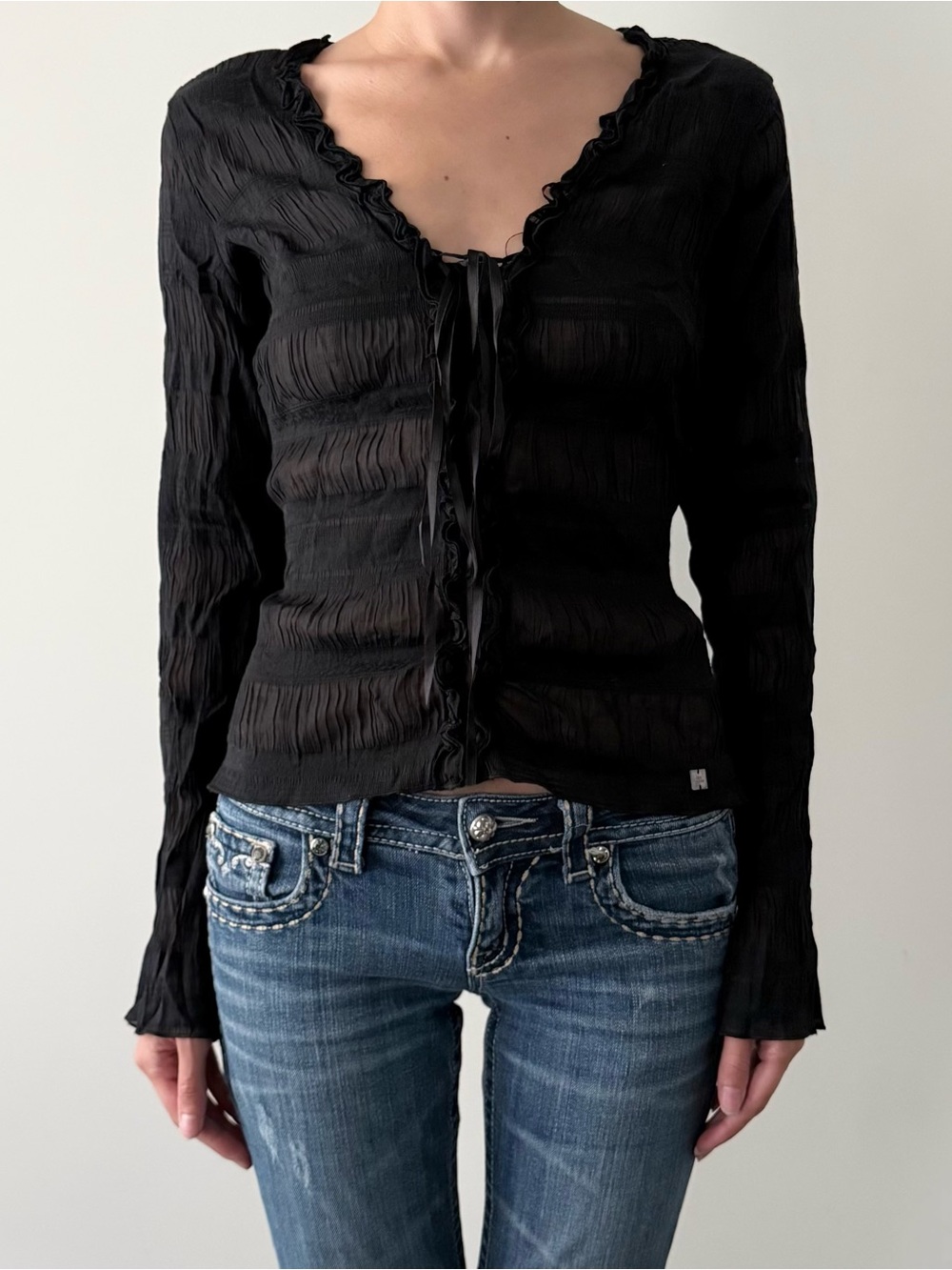 Gothic ted baker black semi sheer front tie cotton blouse